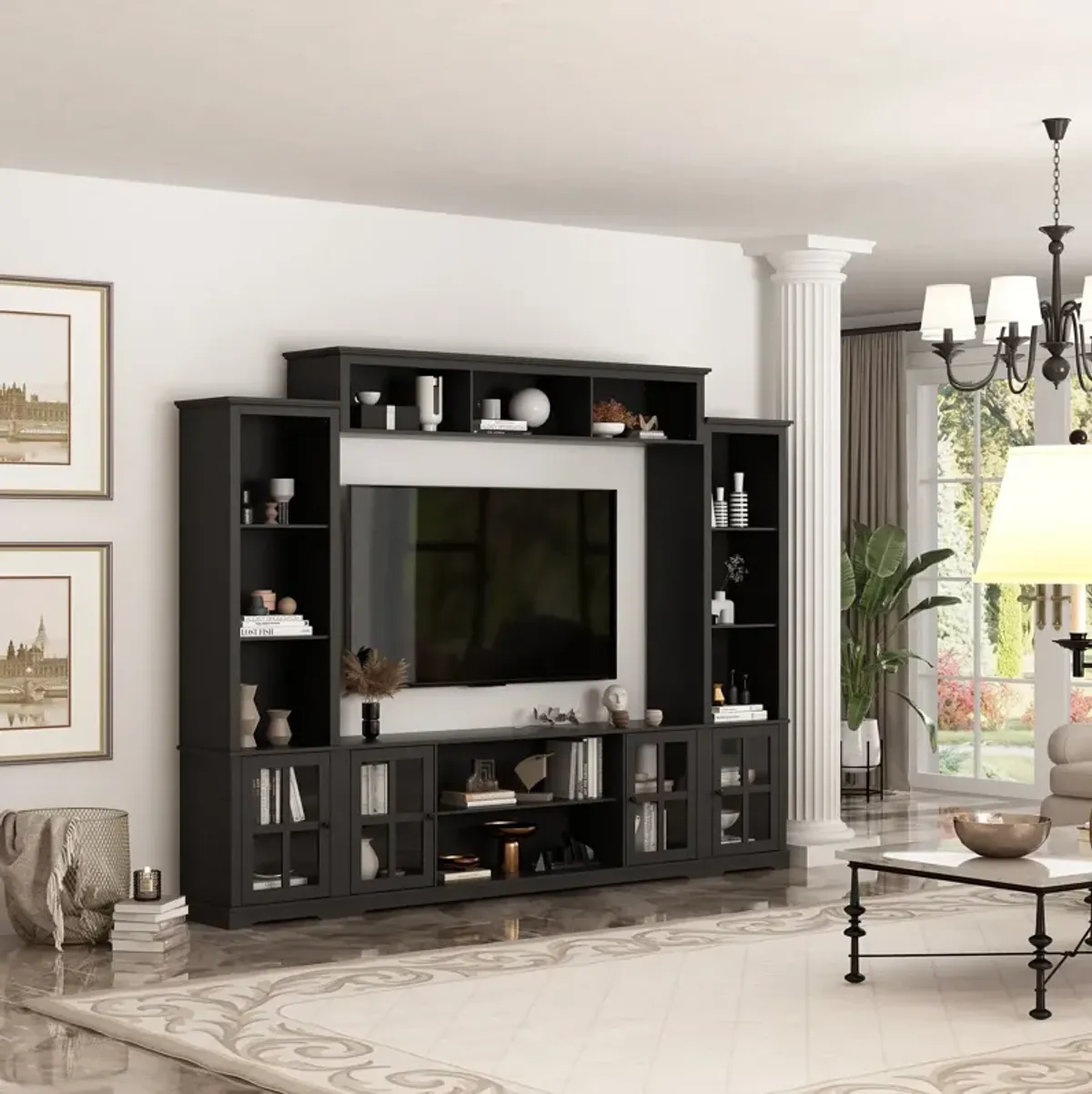 Black Wood TV Stand Fits TV's up to 75 in. with Top Open Shelves, Bookcase and Tempered Glass Door Cabinet