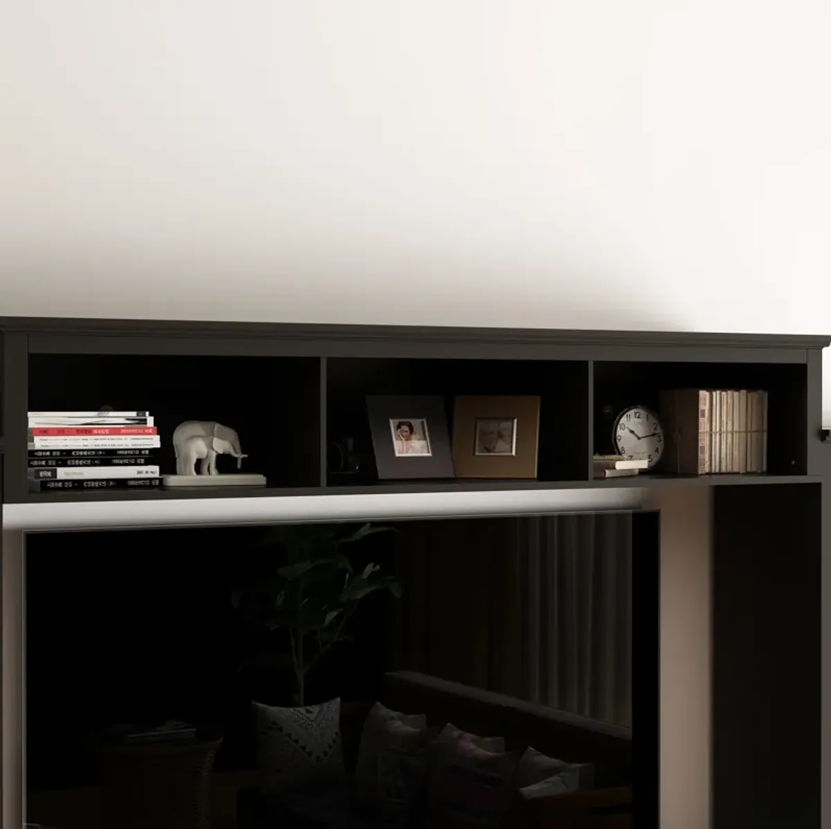 Black Wood TV Stand Fits TV's up to 75 in. with Top Open Shelves, Bookcase and Tempered Glass Door Cabinet