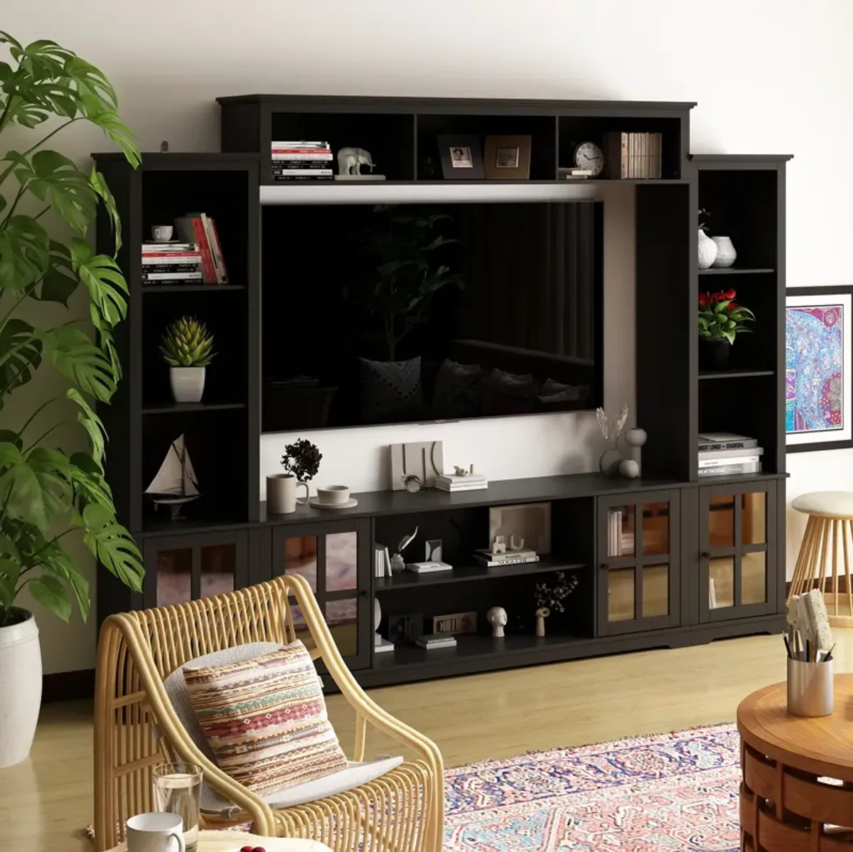 Black Wood TV Stand Fits TV's up to 75 in. with Top Open Shelves, Bookcase and Tempered Glass Door Cabinet