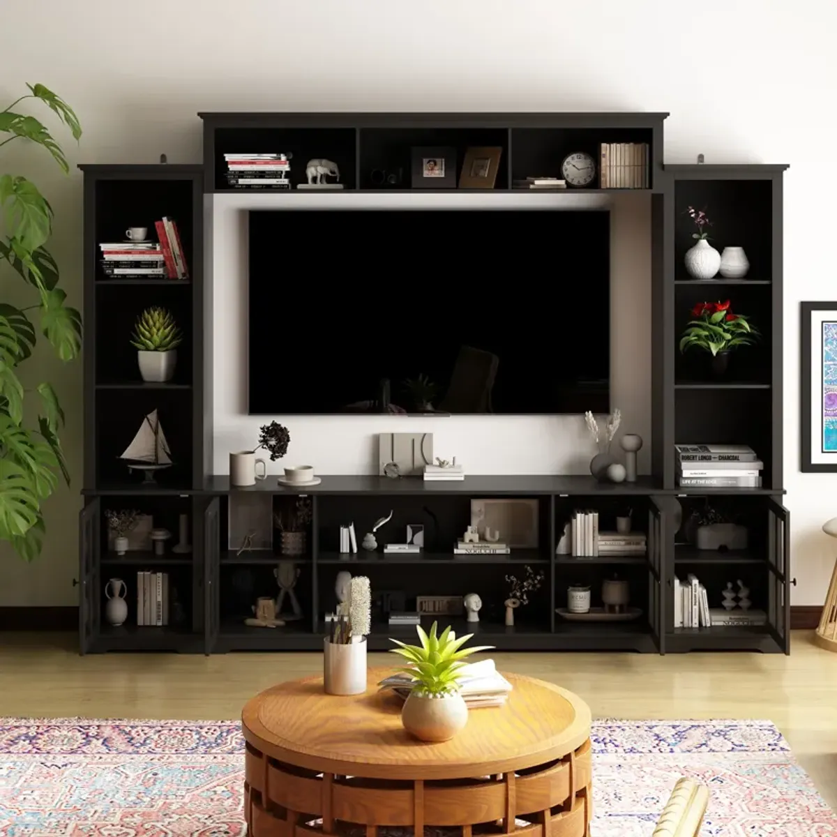 Black Wood TV Stand Fits TV's up to 75 in. with Top Open Shelves, Bookcase and Tempered Glass Door Cabinet