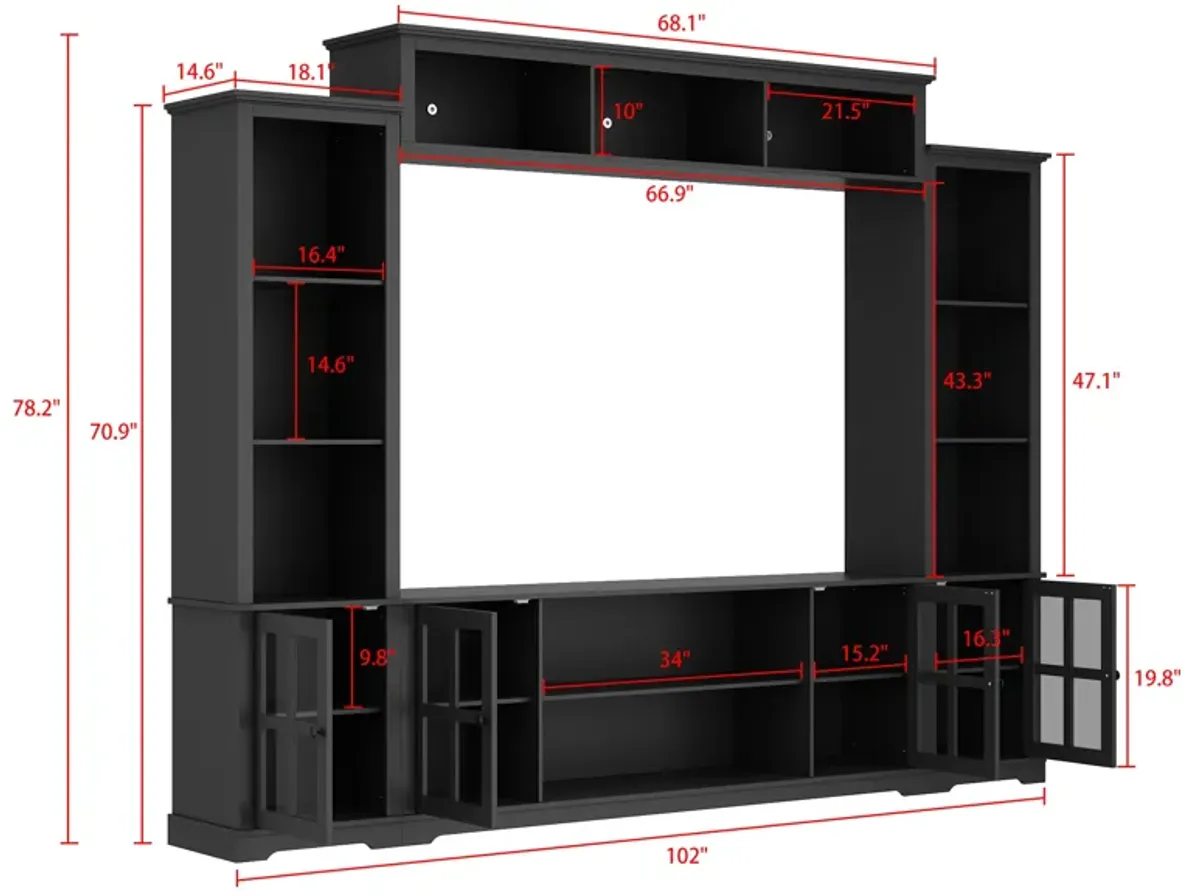 Black Wood TV Stand Fits TV's up to 75 in. with Top Open Shelves, Bookcase and Tempered Glass Door Cabinet