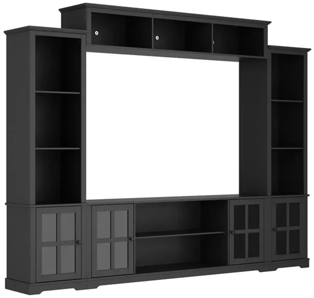 Black Wood TV Stand Fits TV's up to 75 in. with Top Open Shelves, Bookcase and Tempered Glass Door Cabinet