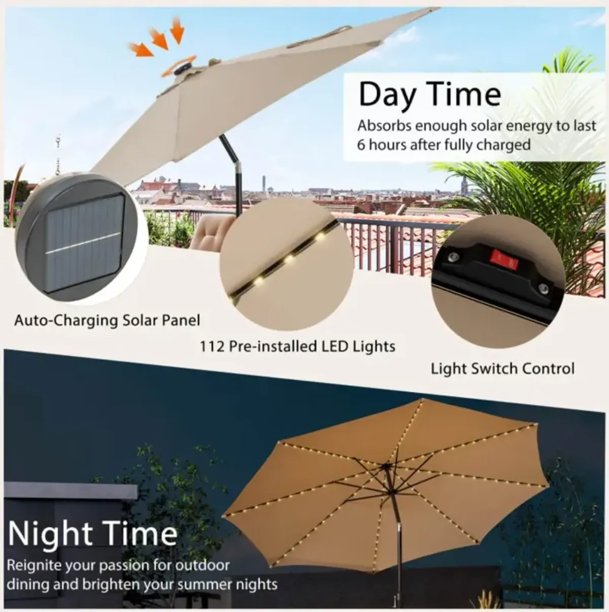 Hivvago 10 Feet Patio Umbrella with 112 Solar Lights and Crank Handle