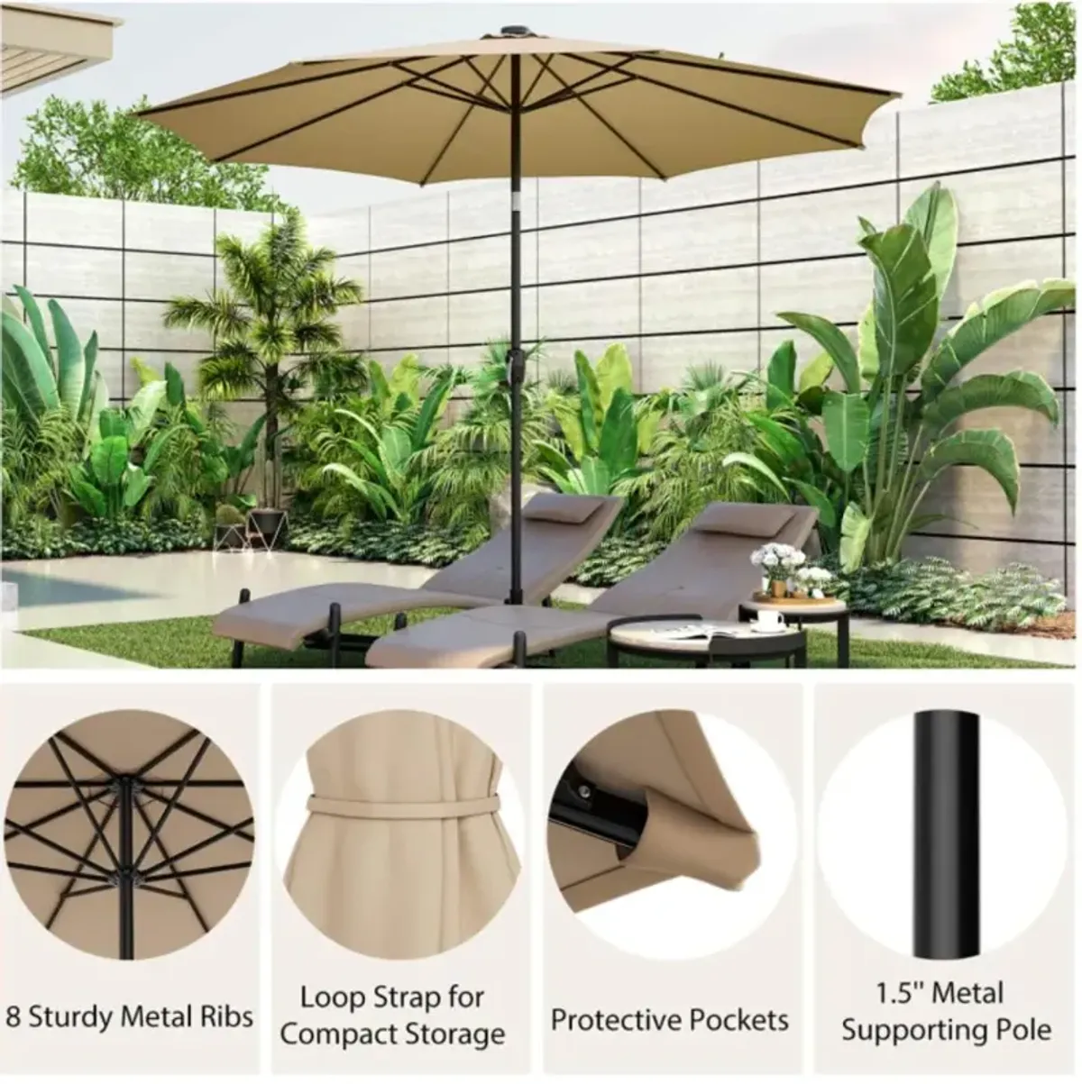 Hivvago 10 Feet Patio Umbrella with 112 Solar Lights and Crank Handle