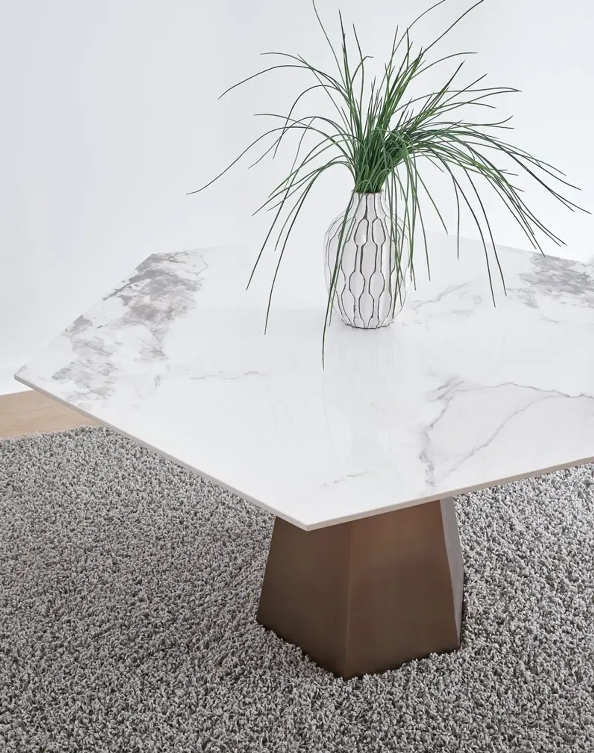 Balos Stone Top Hexagonal Dining Table in Chanelle and Bronze