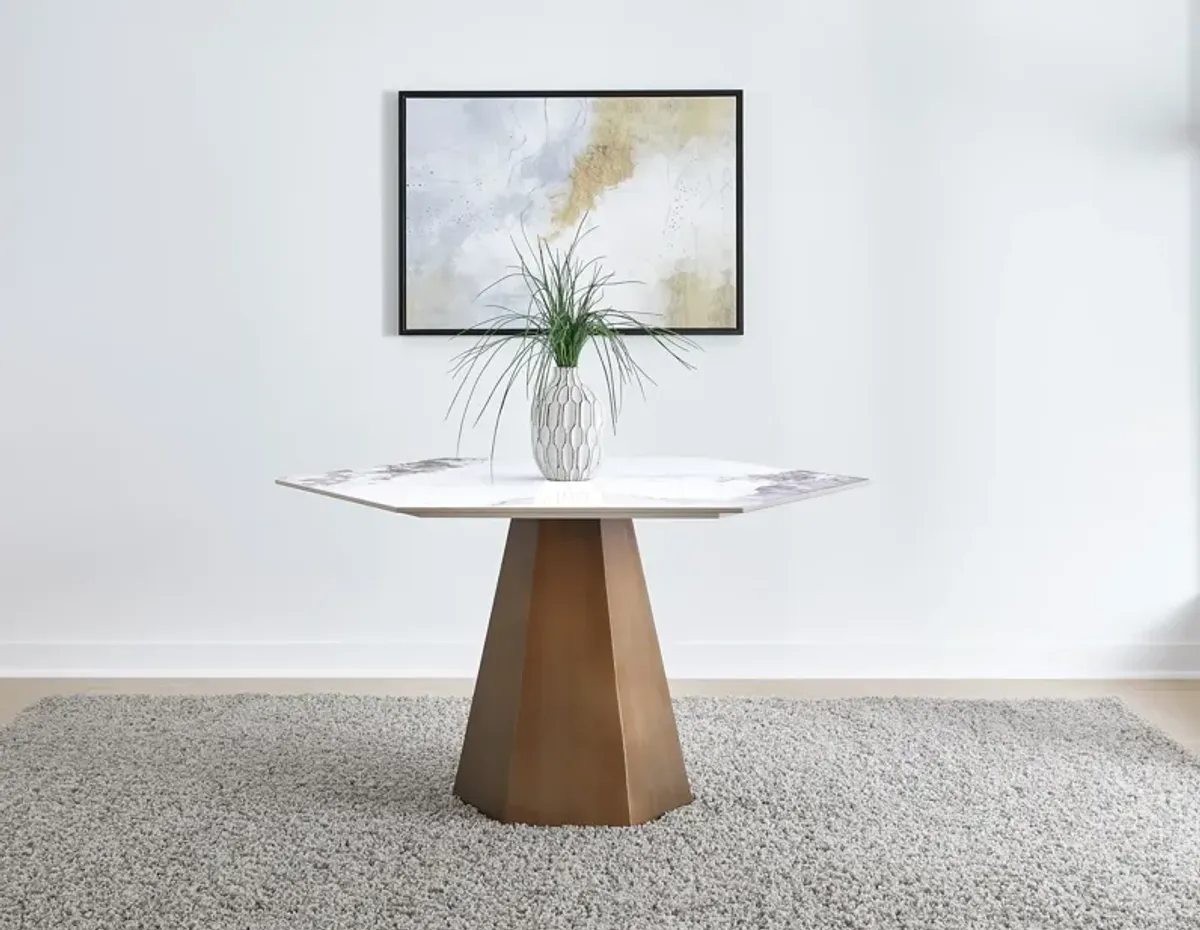 Balos Stone Top Hexagonal Dining Table in Chanelle and Bronze