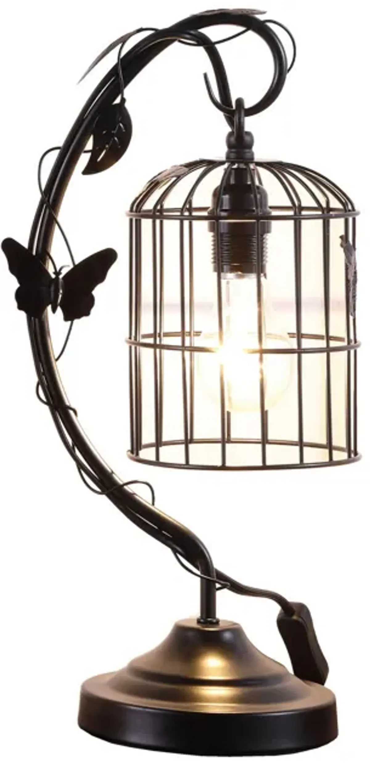 Arc Design Metal Table Lamp with Birdcage Shade, Black-Benzara