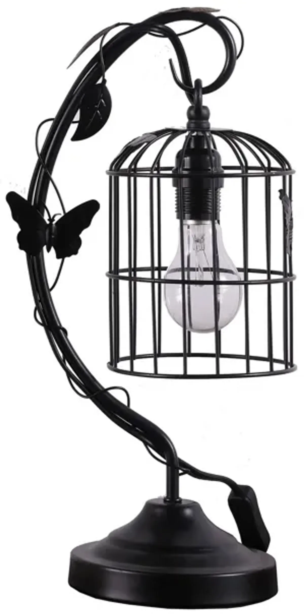 Arc Design Metal Table Lamp with Birdcage Shade, Black-Benzara