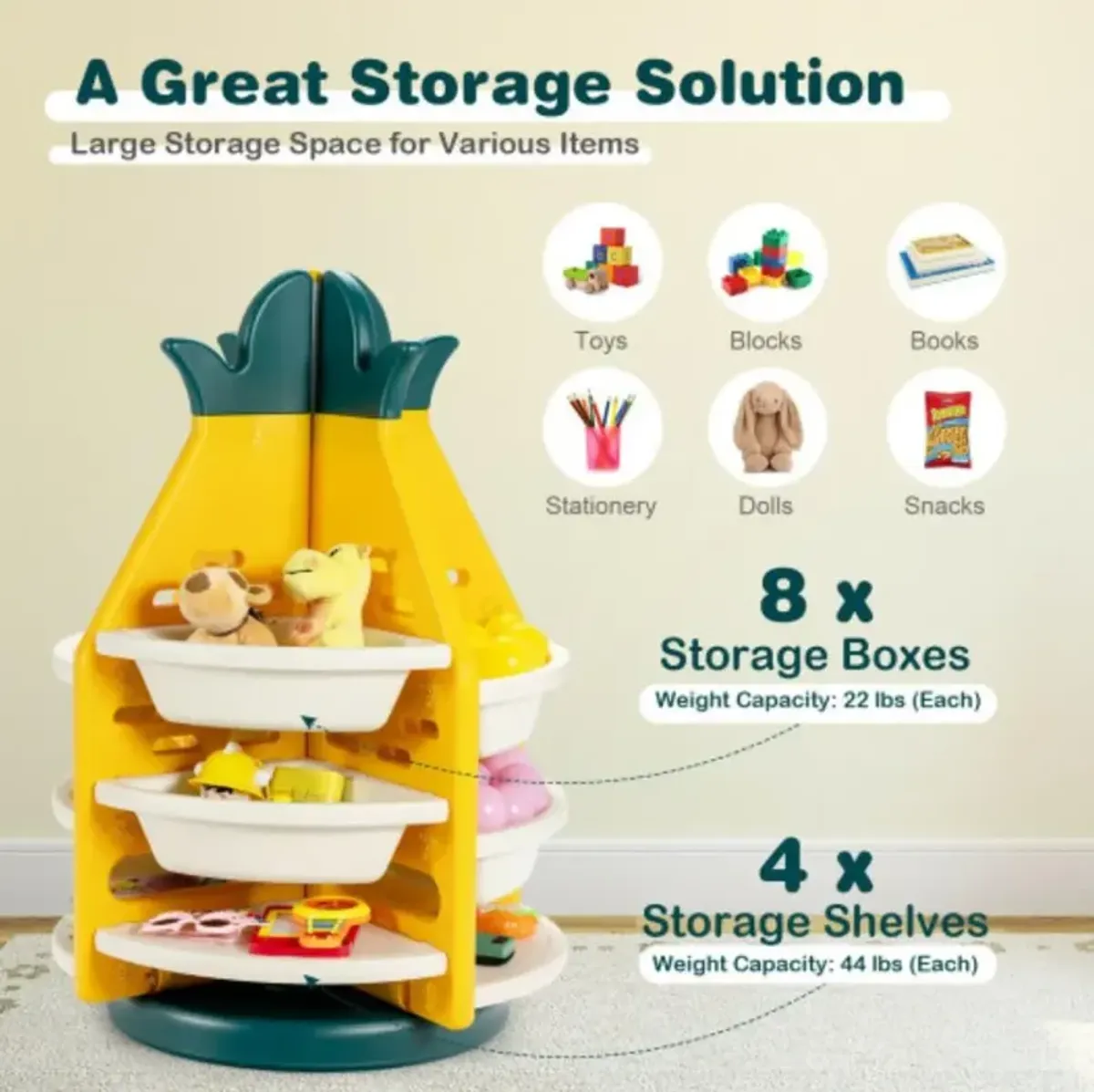 Kids Toy Storage Organizer with 360° Revolving Pineapple Shelf