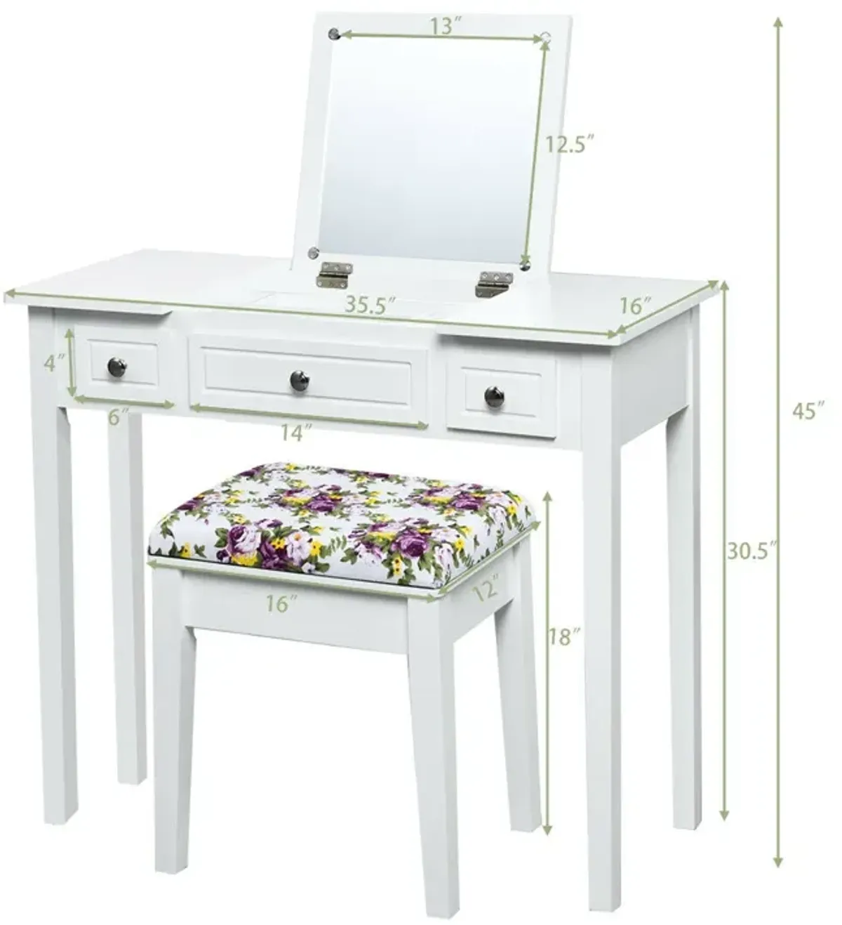 Vanity Dressing Table Set with Flip Top Mirror and 3 Drawers