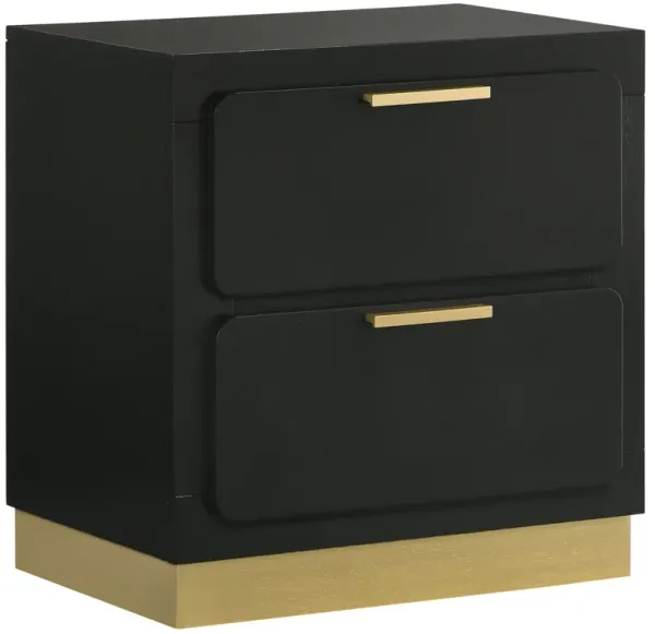 Caer Nightstand, 2 Drawers, Gold Accent Recessed Base, Bar Handles, Black - Benzara