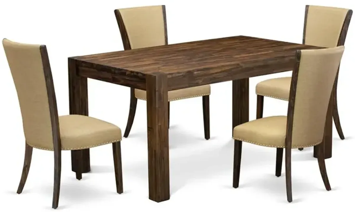 East West Furniture - CNVE5-77-03 - 5-Pc Dining Room Set- 4 Parson Dining Chairs and Modern Dining Room Table - Brown Linen Fabric Seat and High Chair Back - Distressed Jacobean Finish