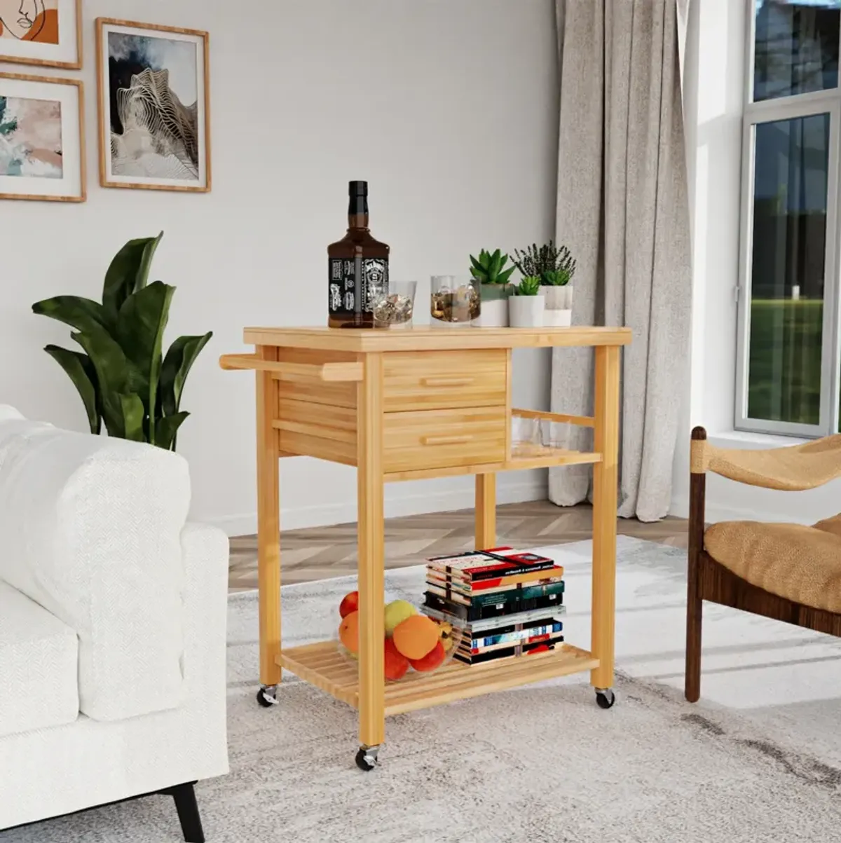 Bamboo Kitchen Trolley Cart with Tower Rack and Drawers