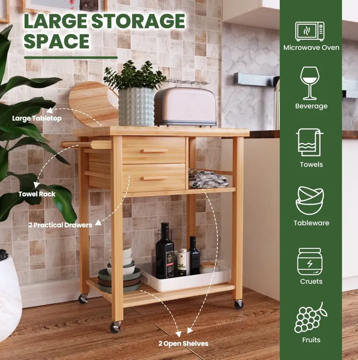 Bamboo Kitchen Trolley Cart with Tower Rack and Drawers