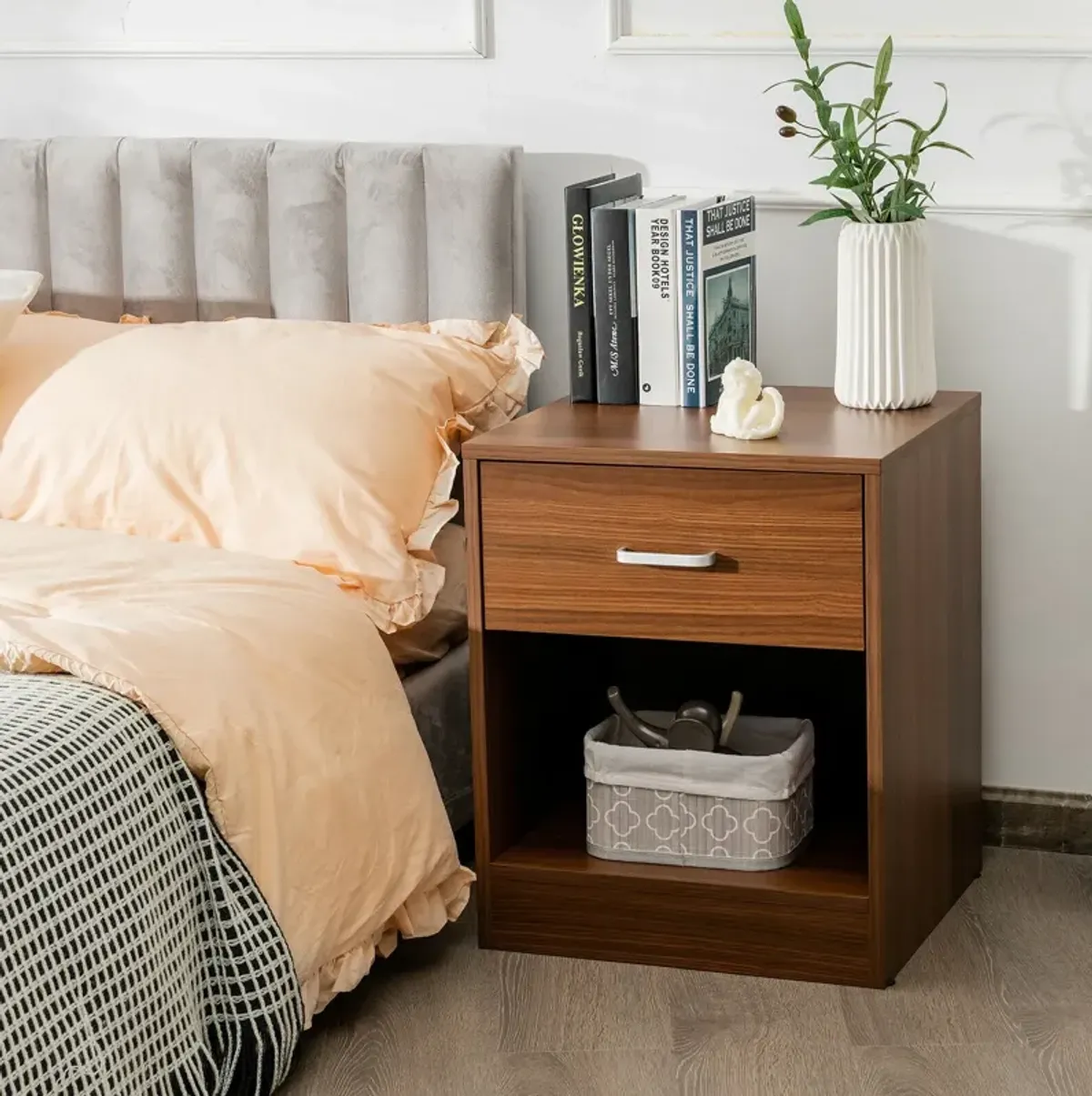 Modern Nightstand with Storage Drawer and Cabinet