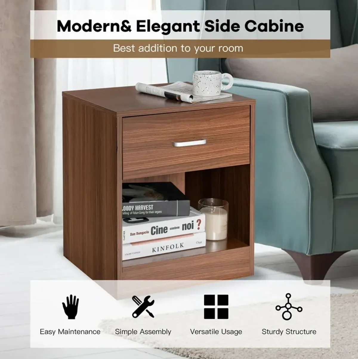 Modern Nightstand with Storage Drawer and Cabinet