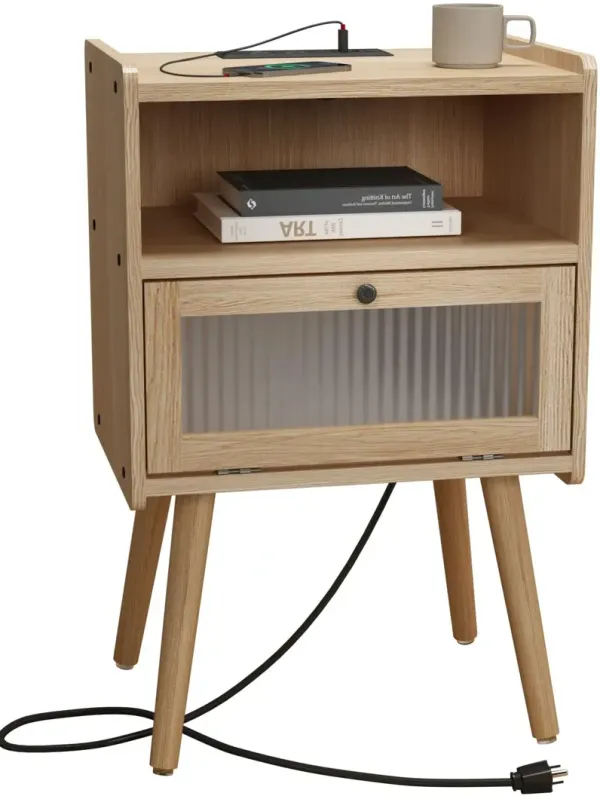 Mid Century Modern Nightstand with Charging Station, Bedside Tables with Glass Door, End Table Side Table with 2 Tiers Storage S