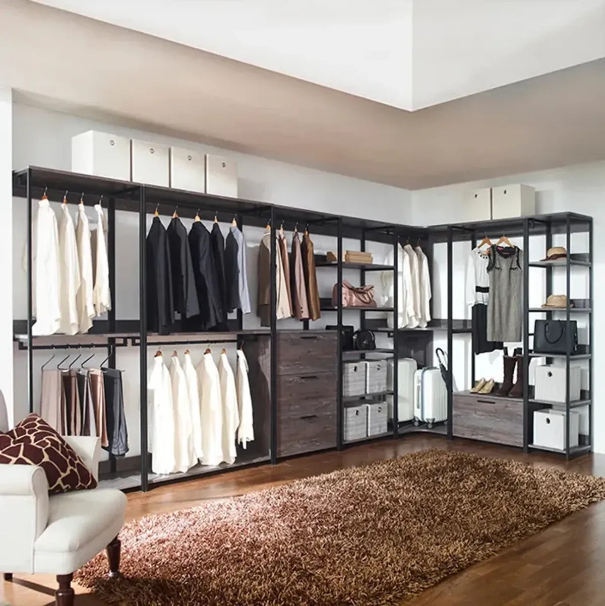 FC Design Klair Living Wood and Metal Walk-in Closet with One Drawer in Rustic Gray