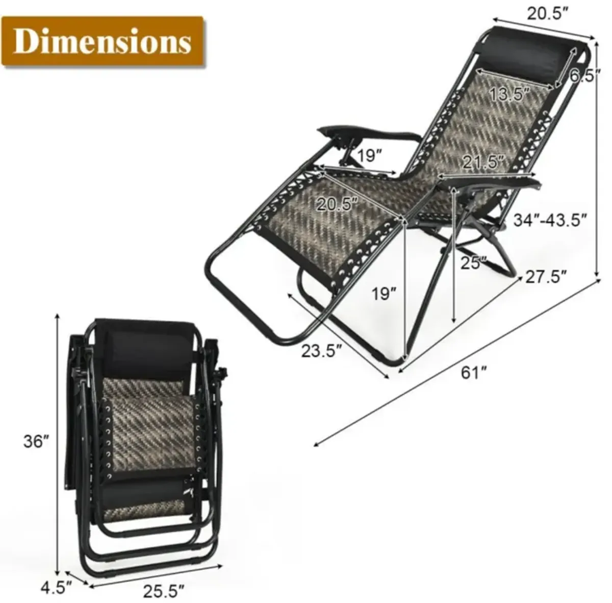 Hivvago Folding Rattan Zero Gravity Lounge Chair with Removable Head Pillow