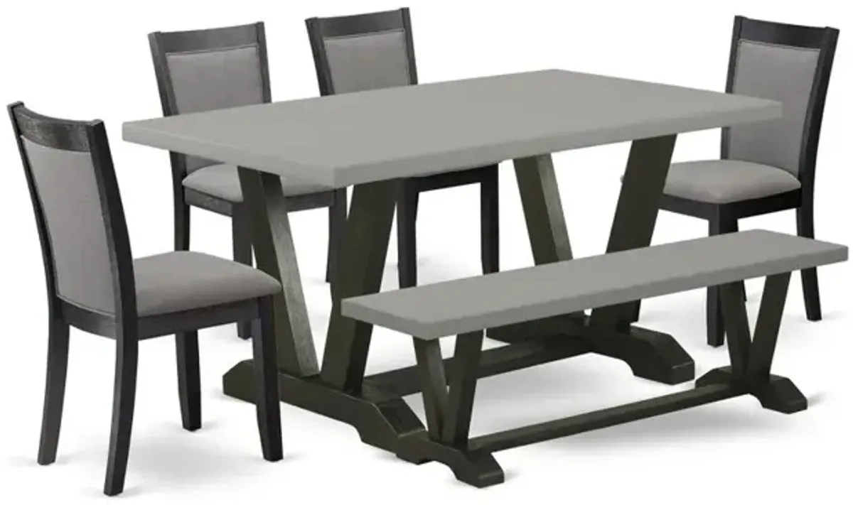 East West Furniture 6 Piece Dinner Table Set - A Cement Top Wooden Dining Table with a Small Bench and 4 Dark Gotham Grey Linen Fabric Upholstered Kitchen Chairs - Wire Brushed Black Finish