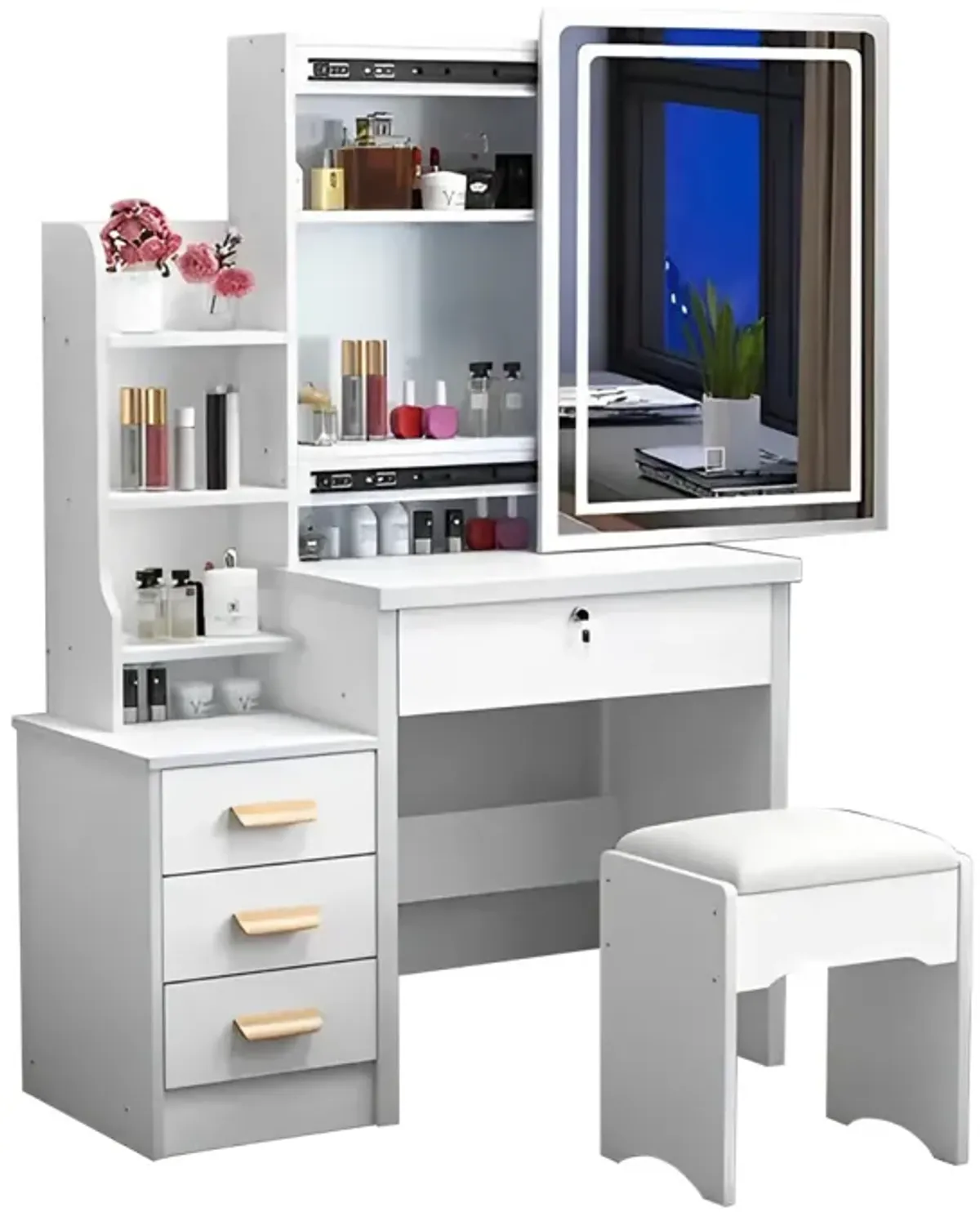 White Vanity Desk Set with Mirror, Lights and Chair