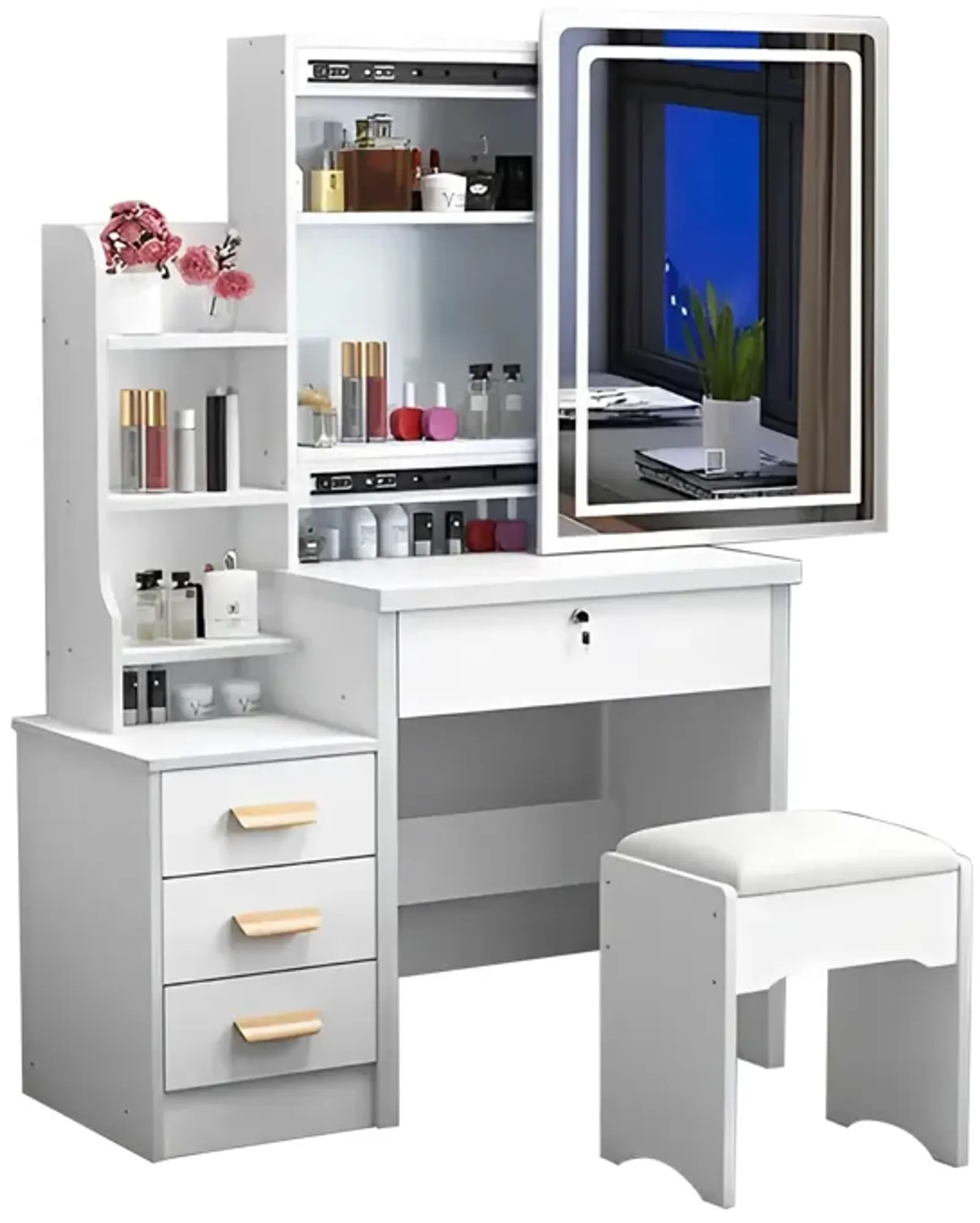 White Vanity Desk Set with Mirror, Lights and Chair