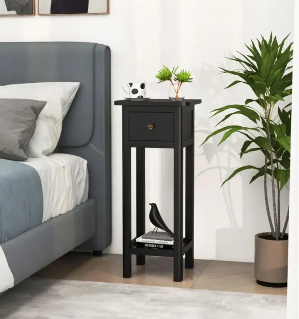 Hivvago 2 Tier Slim Nightstand Bedside Table with Drawer Shelf