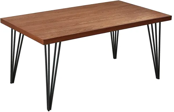63 Inch Dining Table, Brown Rectangular Elm Veneer Top, Metal Black Legs - Benzara