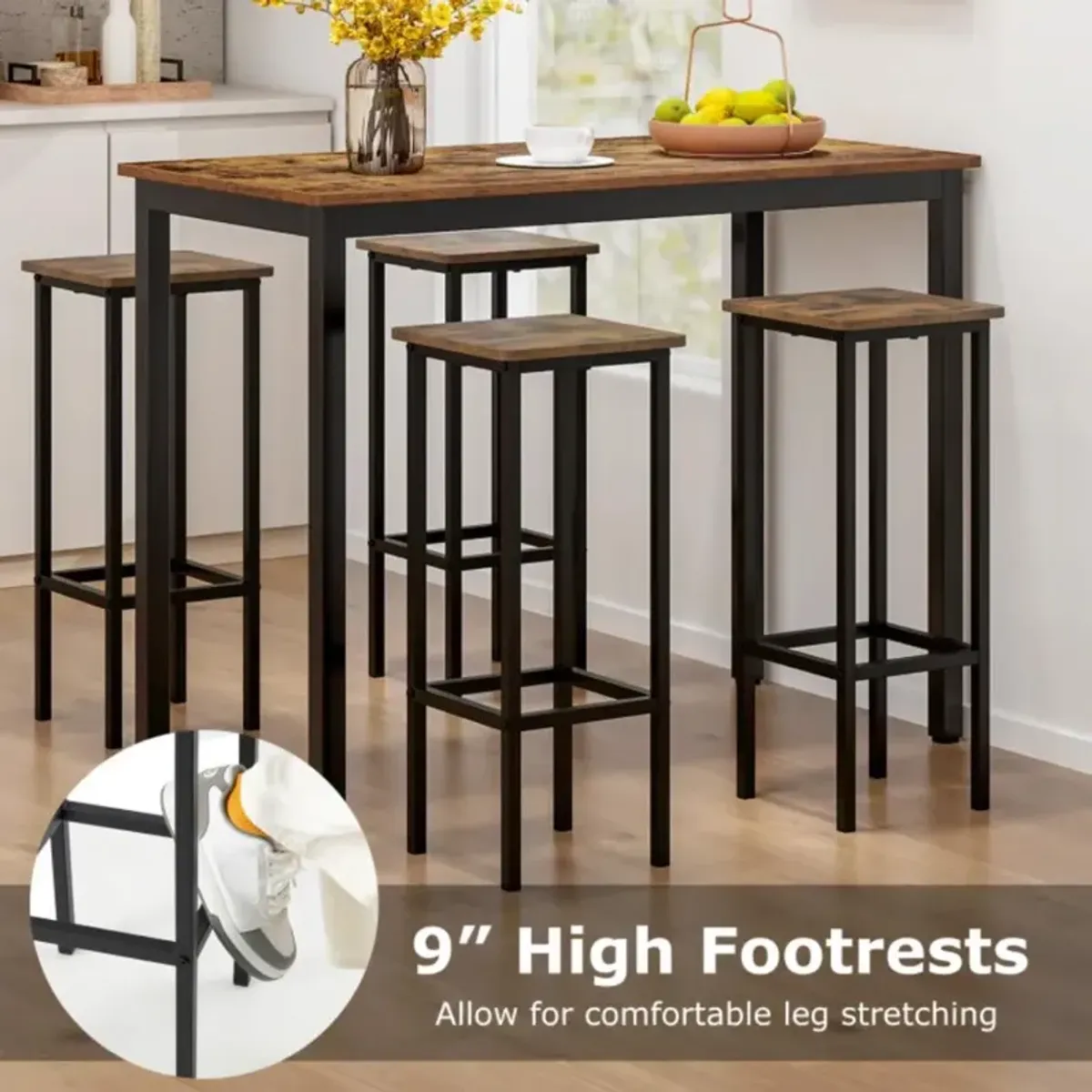 Hivvago Set of 4 Bar Stool Set with Metal Legs and Footrest-Coffee