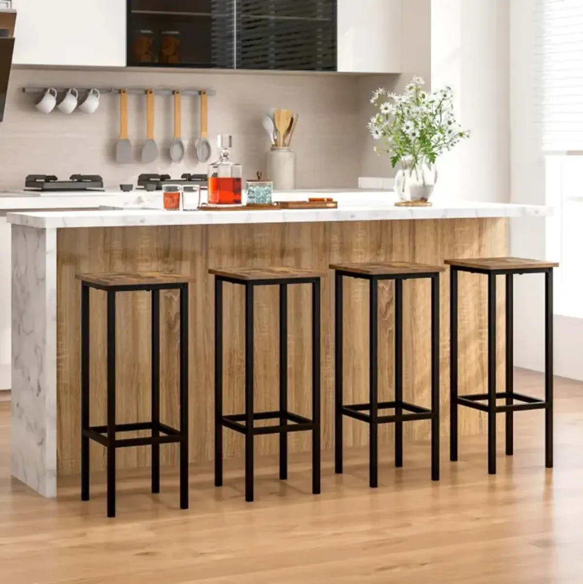 Hivvago Set of 4 Bar Stool Set with Metal Legs and Footrest-Coffee