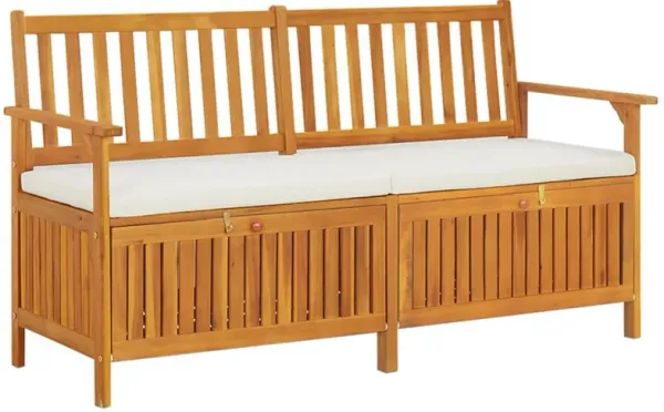 Outdoor Storage Bench, 58 Inch Brown Acacia Wood, Cream White Cushion - Benzara