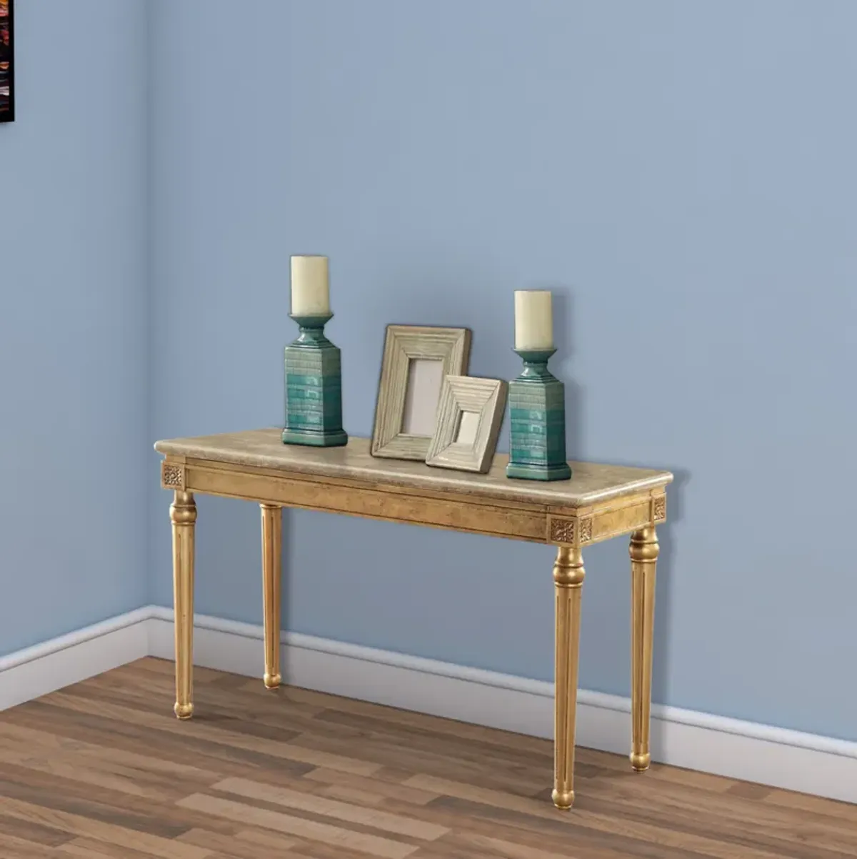 Marble Top Sofa Table With Fluted Detail Wooden Turned Legs, Gold-Benzara