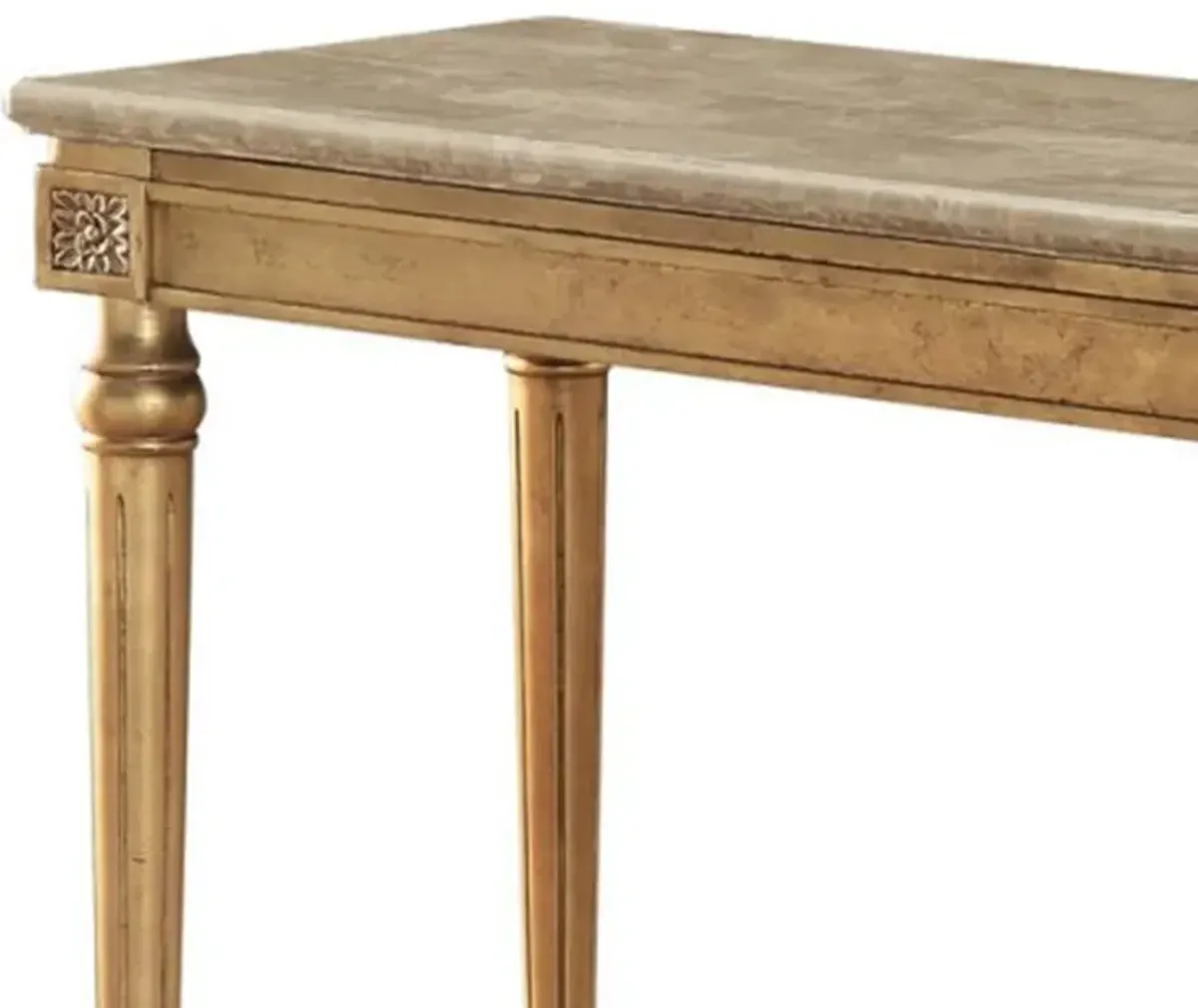 Marble Top Sofa Table With Fluted Detail Wooden Turned Legs, Gold-Benzara