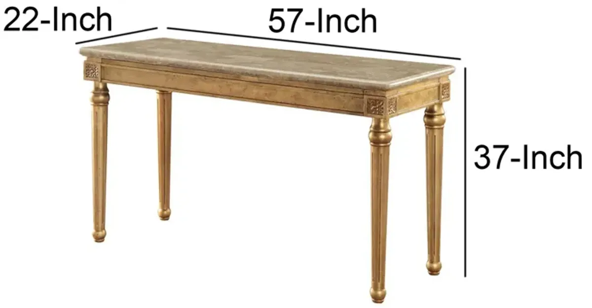 Marble Top Sofa Table With Fluted Detail Wooden Turned Legs, Gold-Benzara