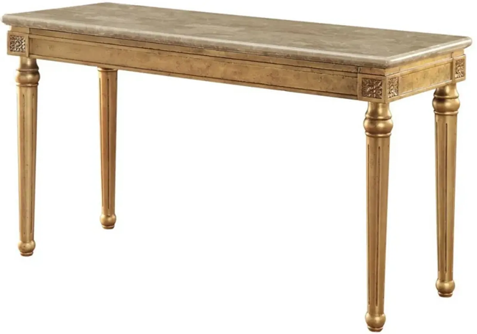 Marble Top Sofa Table With Fluted Detail Wooden Turned Legs, Gold-Benzara