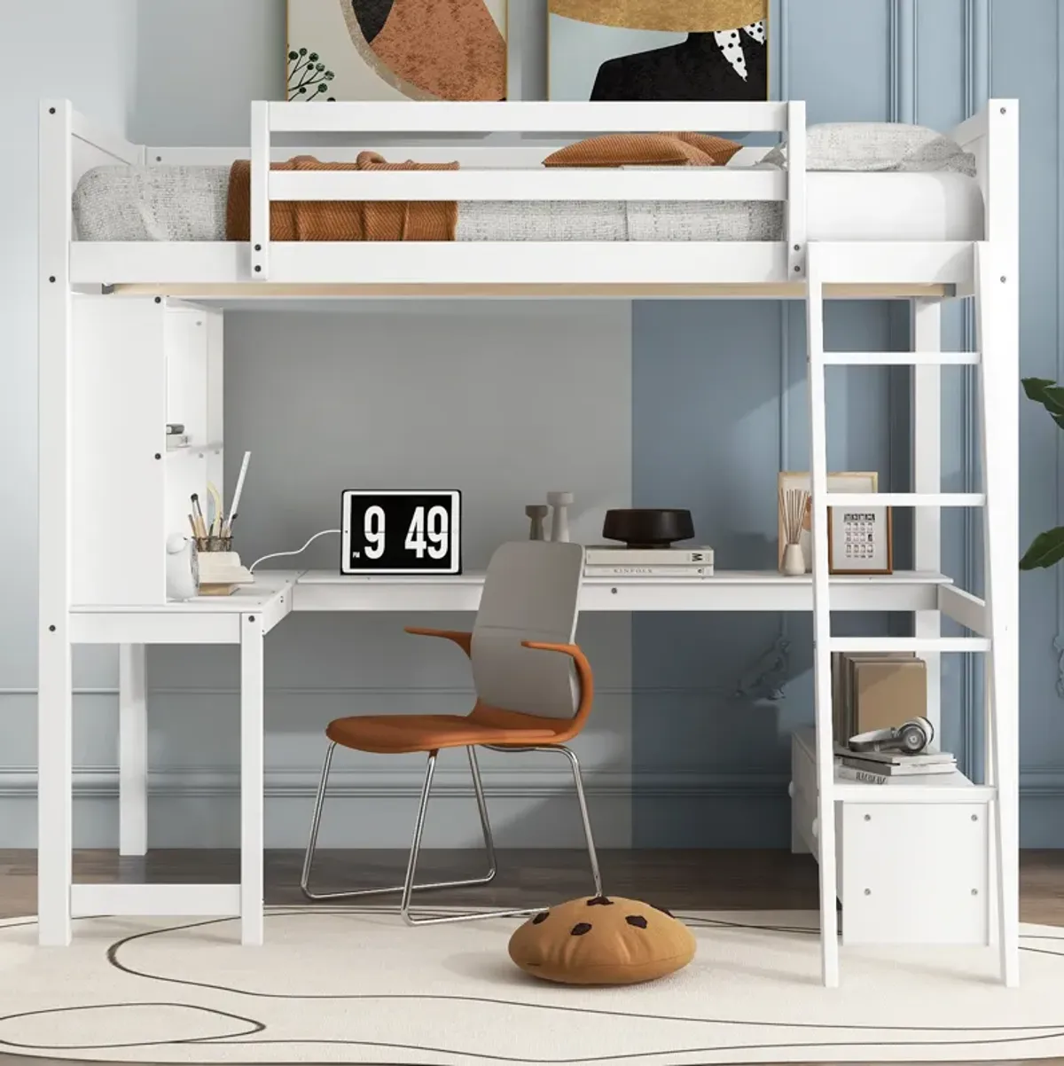 Merax Loft Bed with Desk, LED light and USB Charging Station