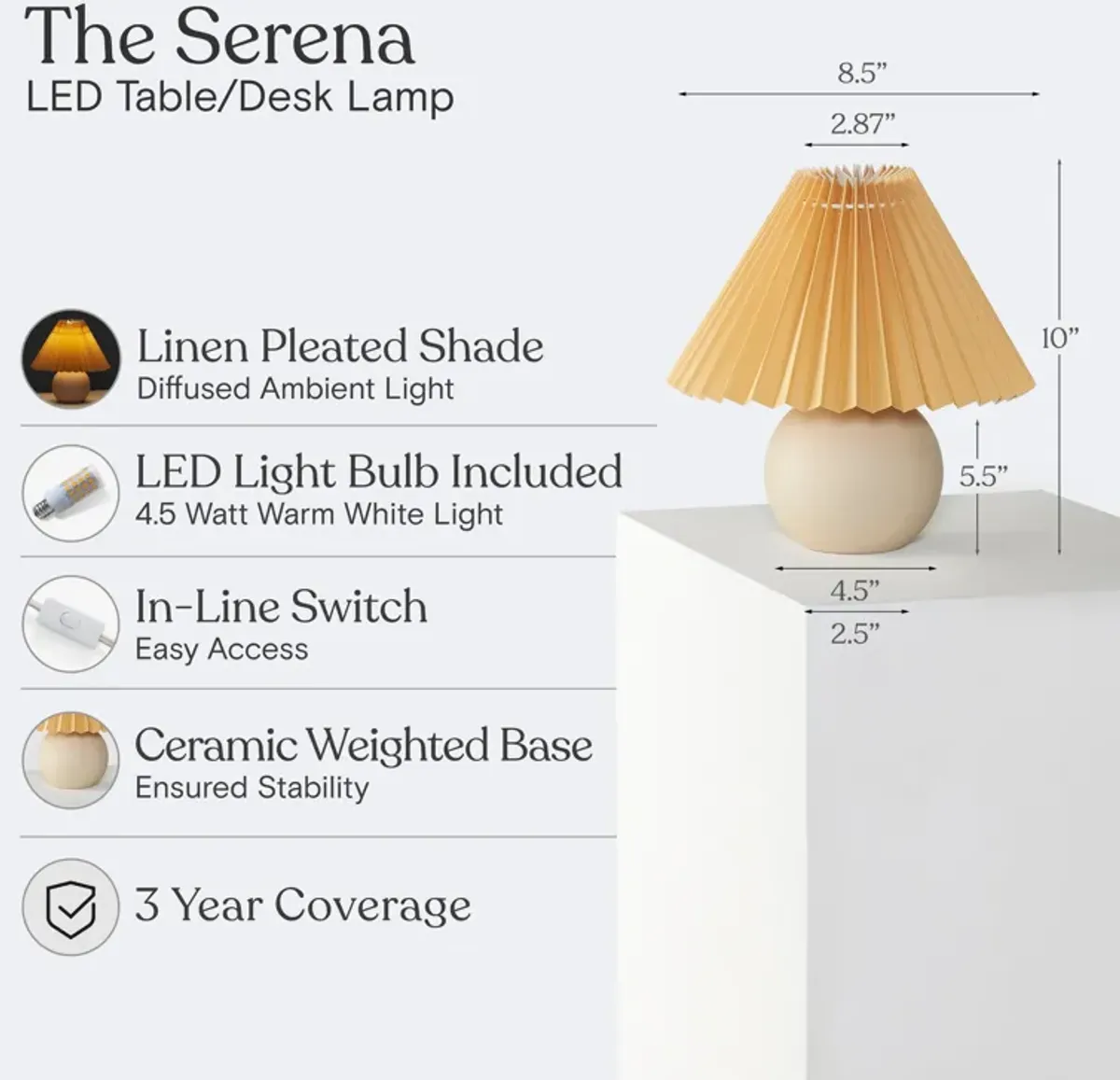 Brightech Serena Ceramic LED Table Lamp - Retro Asian-Inspired Orange Globe Base with Cream Pleated Shade - Compact, Energy-Efficient Light for Rustic, Boho, and Eclectic Decor