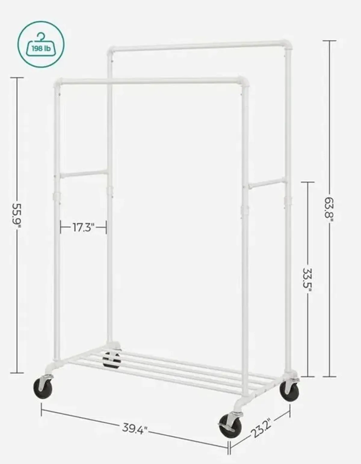 Hivvago Heavy Duty White Pipe Double Rod Garment Clothes Rack with Locking Wheels