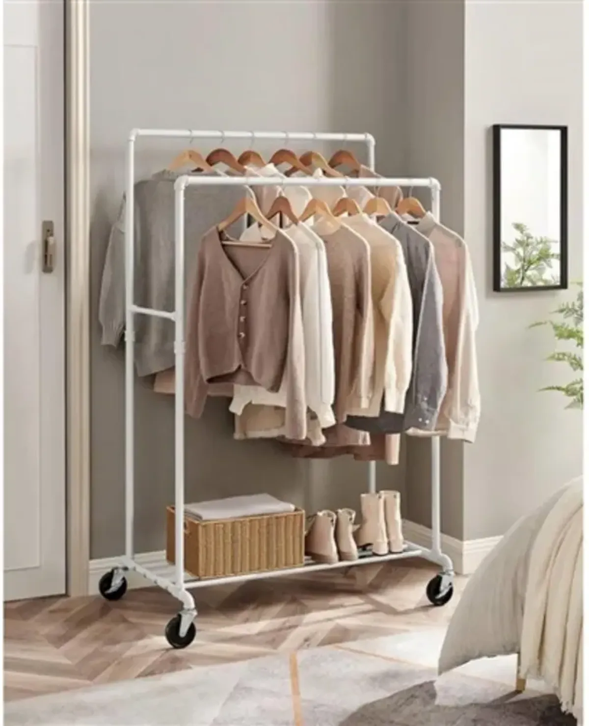 Hivvago Heavy Duty White Pipe Double Rod Garment Clothes Rack with Locking Wheels