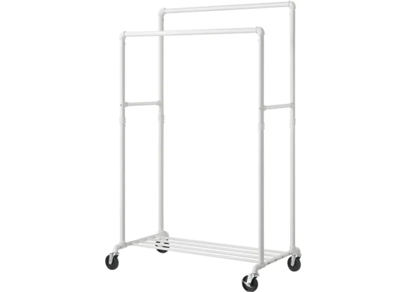 Hivvago Heavy Duty White Pipe Double Rod Garment Clothes Rack with Locking Wheels