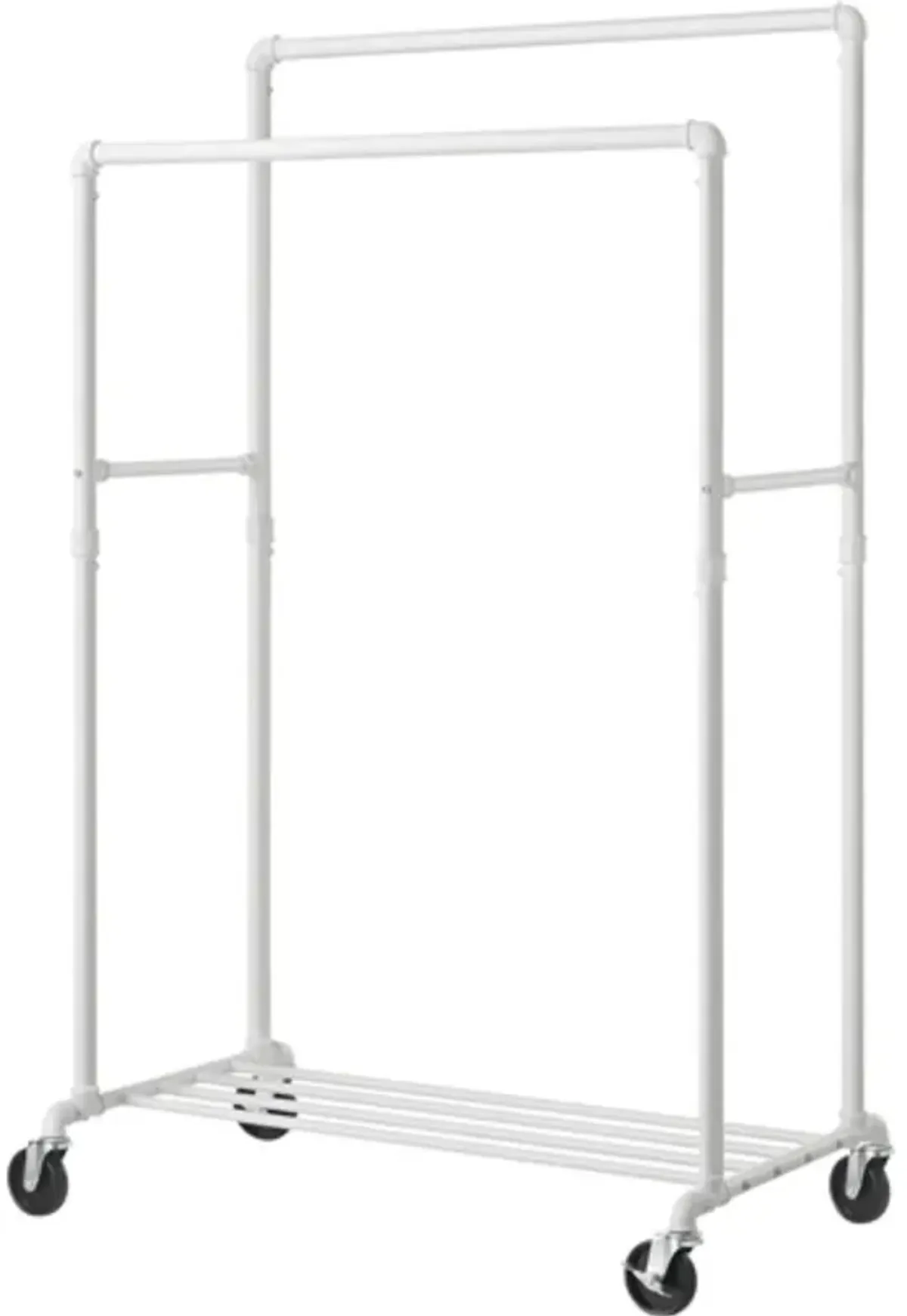 Hivvago Heavy Duty White Pipe Double Rod Garment Clothes Rack with Locking Wheels