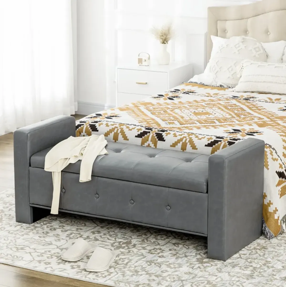 Grey Storage Bench: Tufted Faux Leather Ottoman with Armrests