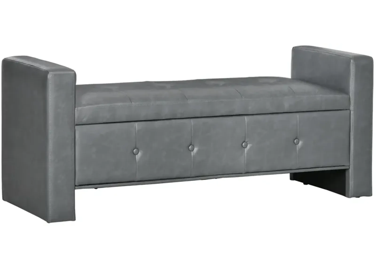 Grey Storage Bench: Tufted Faux Leather Ottoman with Armrests