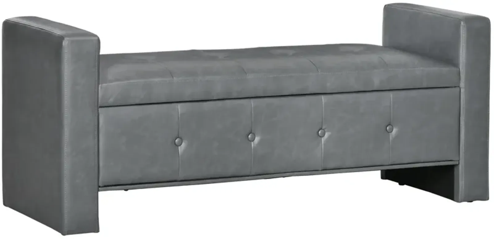 Grey Storage Bench: Tufted Faux Leather Ottoman with Armrests