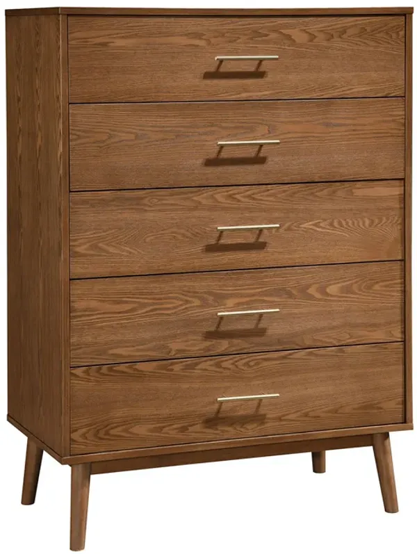 Roma Tall Dresser Chest, 5 Drawers, Nickel Handles, Walnut Brown Solid Wood