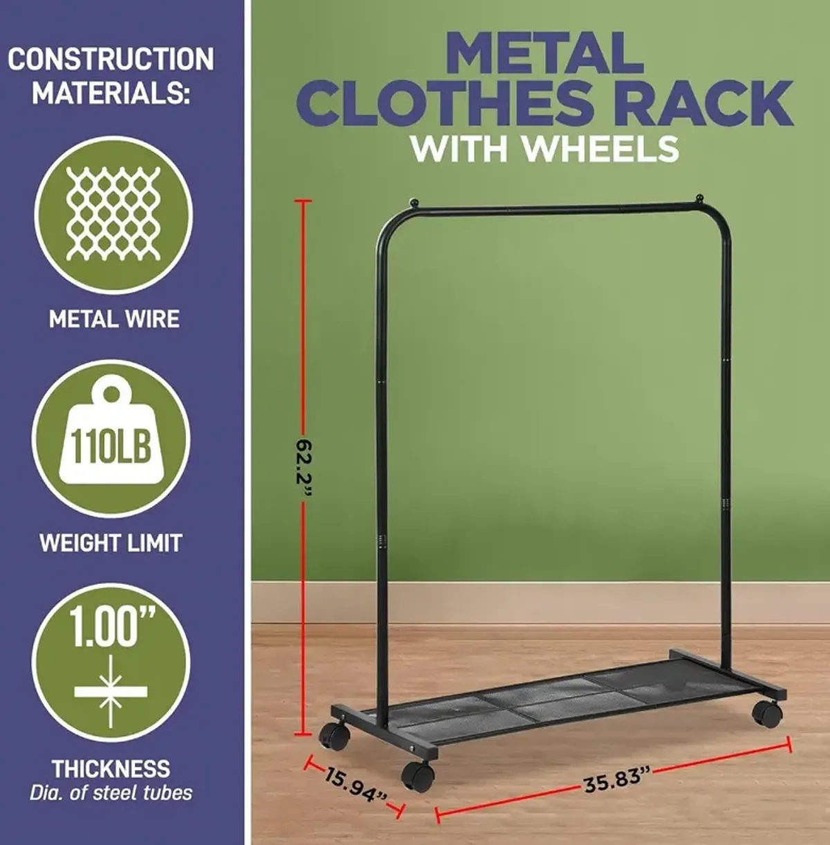 Lifemaster Alloy Steel Clothes Rack - Pack of 1 Versatile, Ample Storage Space, Simple Assembly, Hanging Garment and Clothes Rolling Rack with Wheels - Black