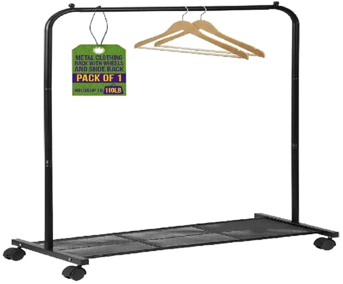 Lifemaster Alloy Steel Clothes Rack - Pack of 1 Versatile, Ample Storage Space, Simple Assembly, Hanging Garment and Clothes Rolling Rack with Wheels - Black