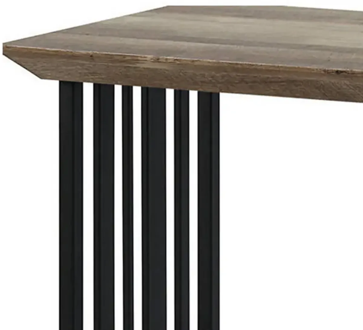 Nori 47 Inch Sofa Table, Metal Strip Base, MDF, Antique Oak Brown and Black - Benzara