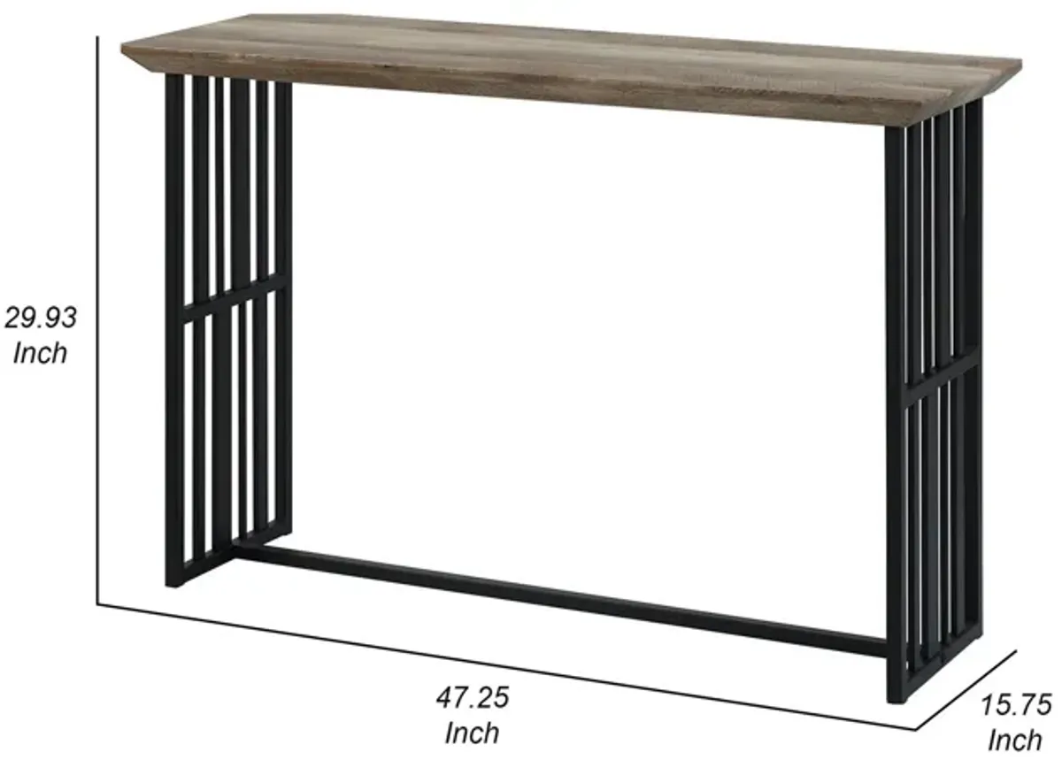 Nori 47 Inch Sofa Table, Metal Strip Base, MDF, Antique Oak Brown and Black - Benzara