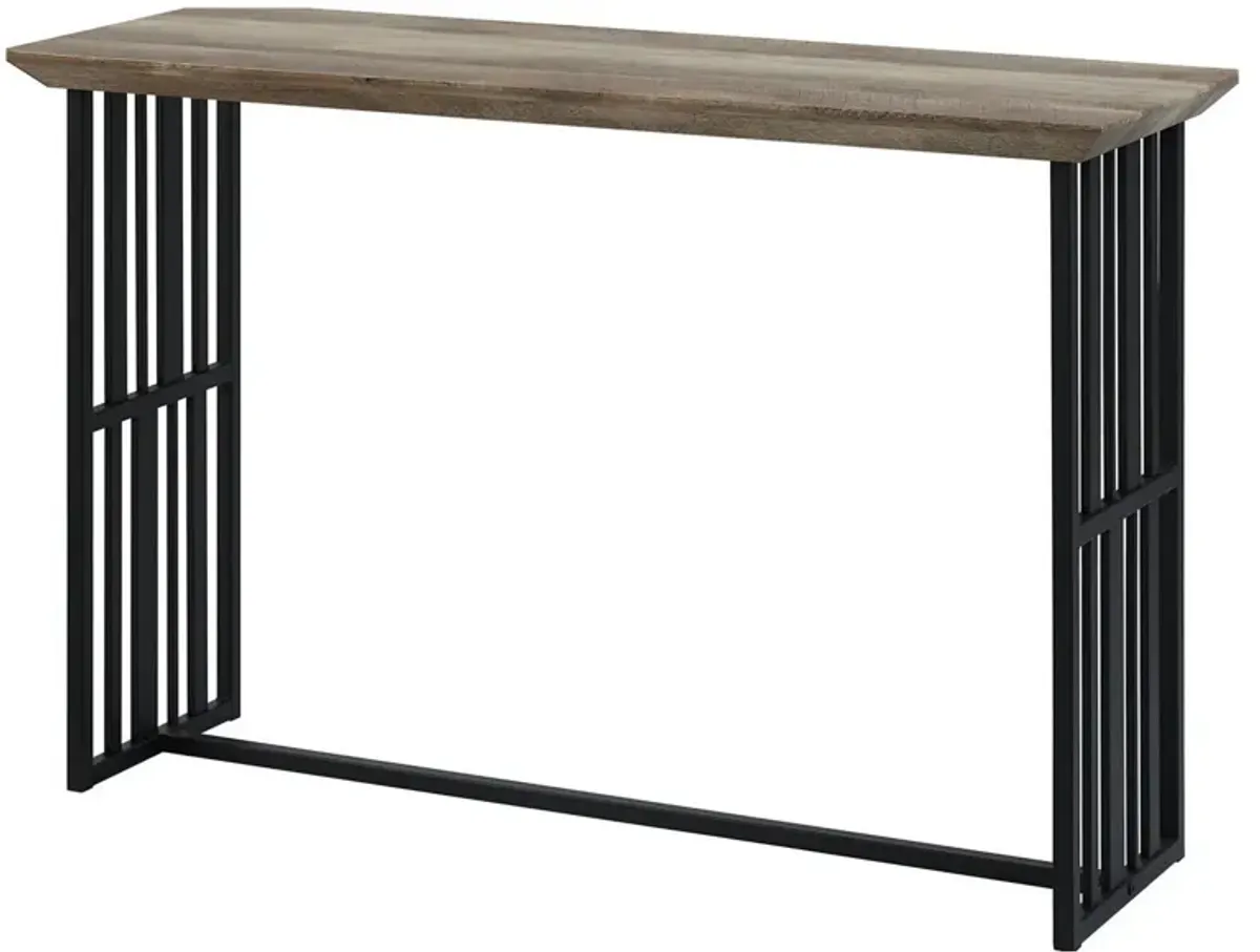 Nori 47 Inch Sofa Table, Metal Strip Base, MDF, Antique Oak Brown and Black - Benzara